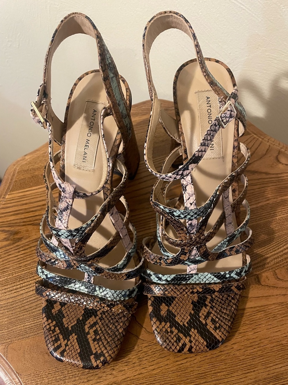 ANTONIO MELANI Brown and Black Snake-Print Strappy Heels